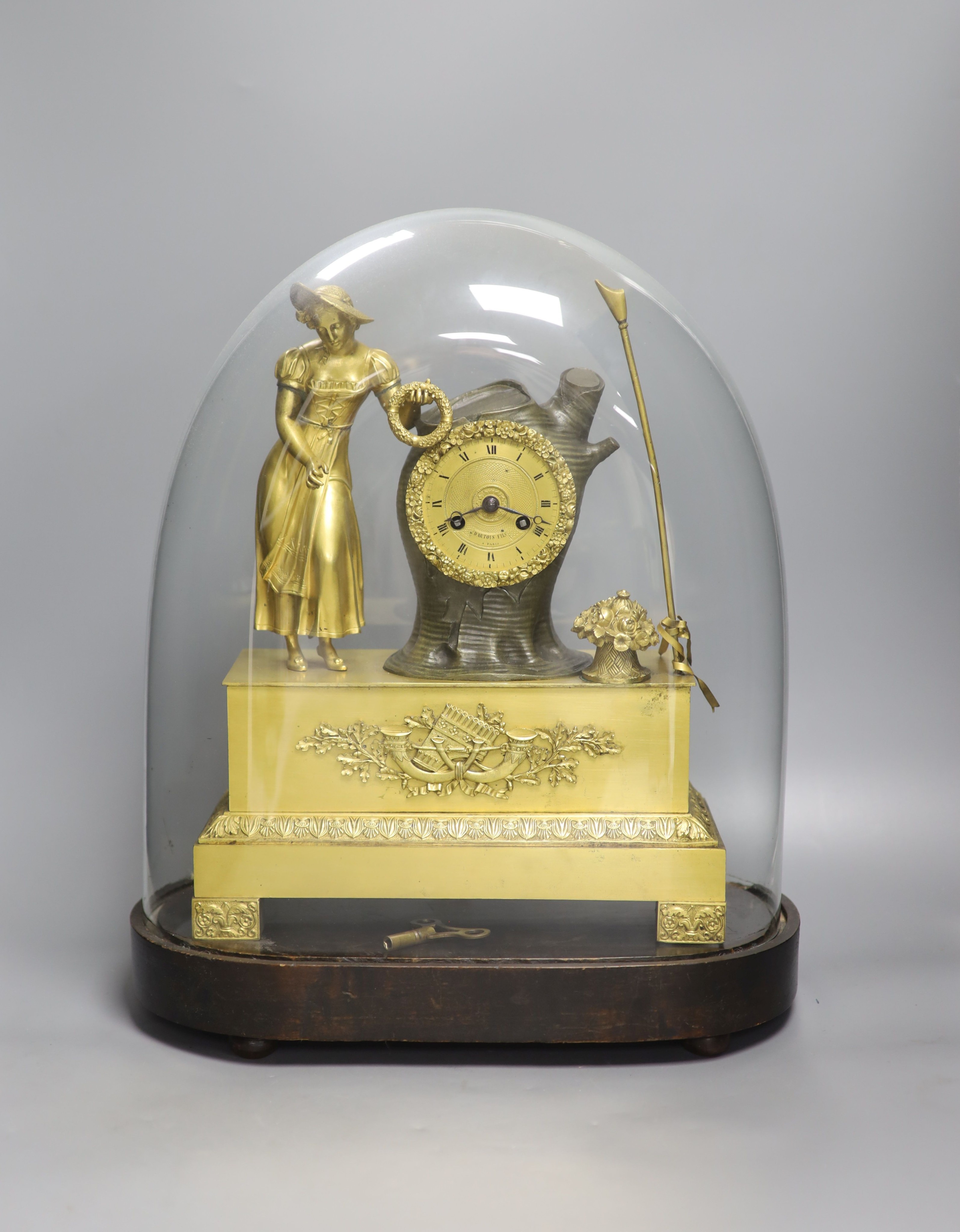 A 19th century ormolu and bronze mantel clock by D Artois, Paris under dome 44cm incl dome